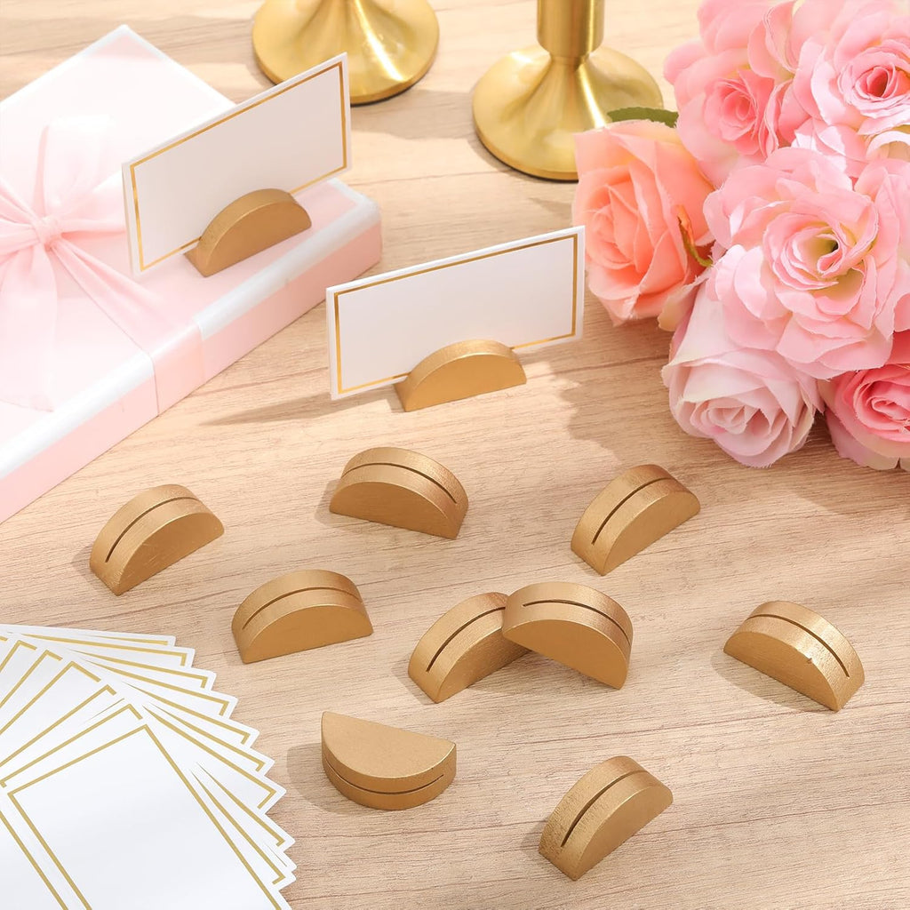 Colingmill 24 Pcs Wooden Table Number Stands Wedding Table Name Holder Semicircular Design Place Card Holders with 24 Pcs Tented Cards for Retail Shop Wedding Party Events Decoration(Gold)