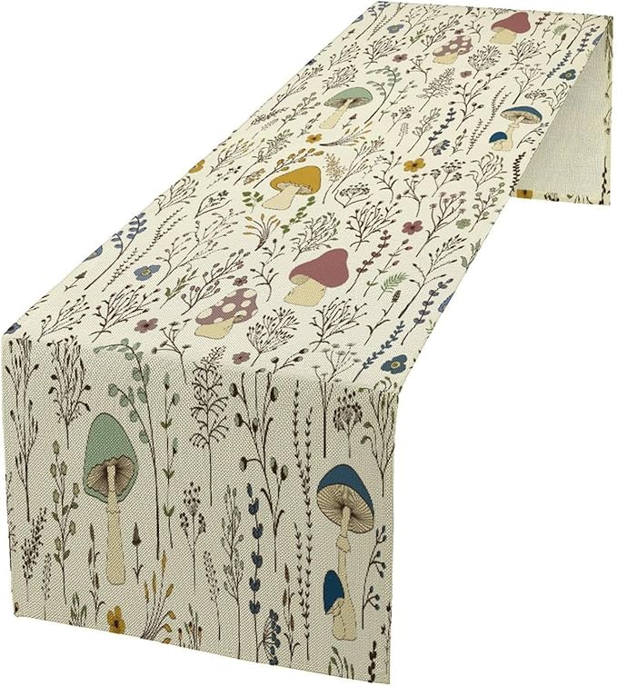 Mushroom Table Runner,Colorful Wild Plants and Fungus Botanical Plants Pattern Print Burlap for Hotel Indoors Outdoor Dining Room Kitchen Holiday Party, 13x60in