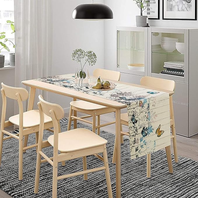 Nature Dandelion Table Runner,Rustic Floral Wood Plank Butterfly Girl Women Pattern Print Burlap Tablecloth for Hotel Indoors Outdoor Dining Room Kitchen Table Decor, 13x90in