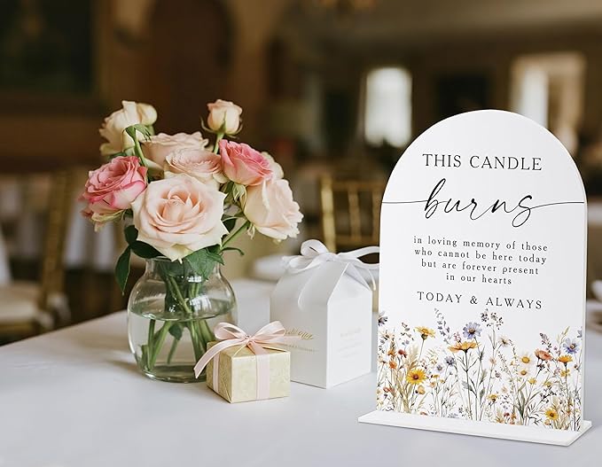 Memorial Table Sign for Wedding, Boho Floral This Candle Burns in Loving Memory Sign, Wedding Signage with Stand, Bridal Shower Table Centerpieces, Supplies for Engagement Reception and Event, 39