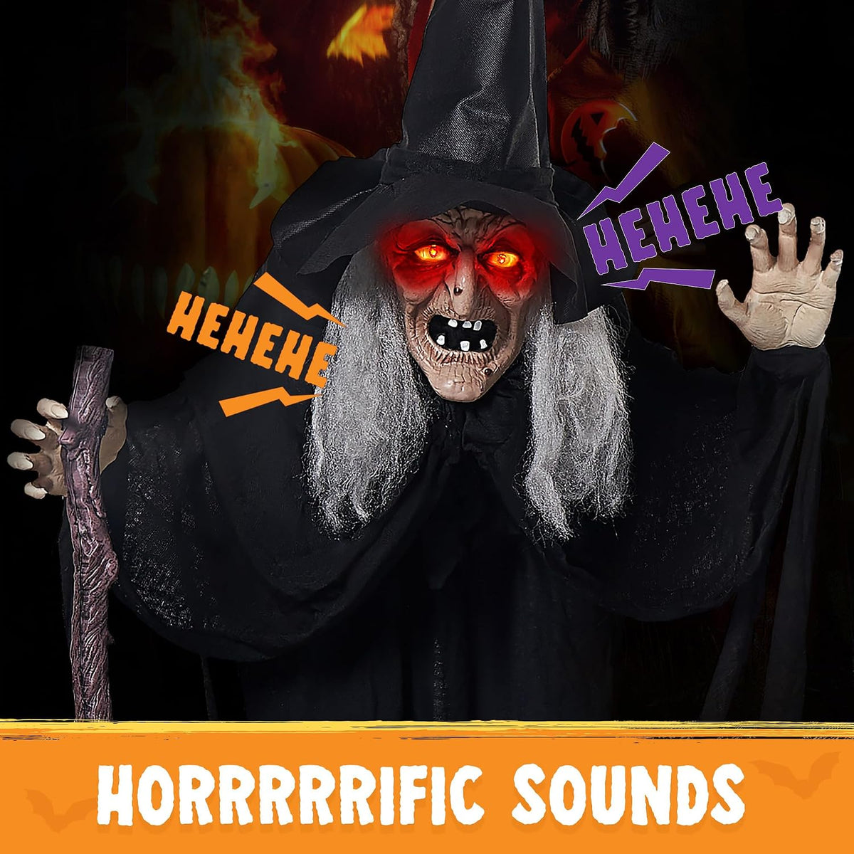 JOYIN Outdoor Halloween Decorations Animatronics Witch with Cane, Life Size A...