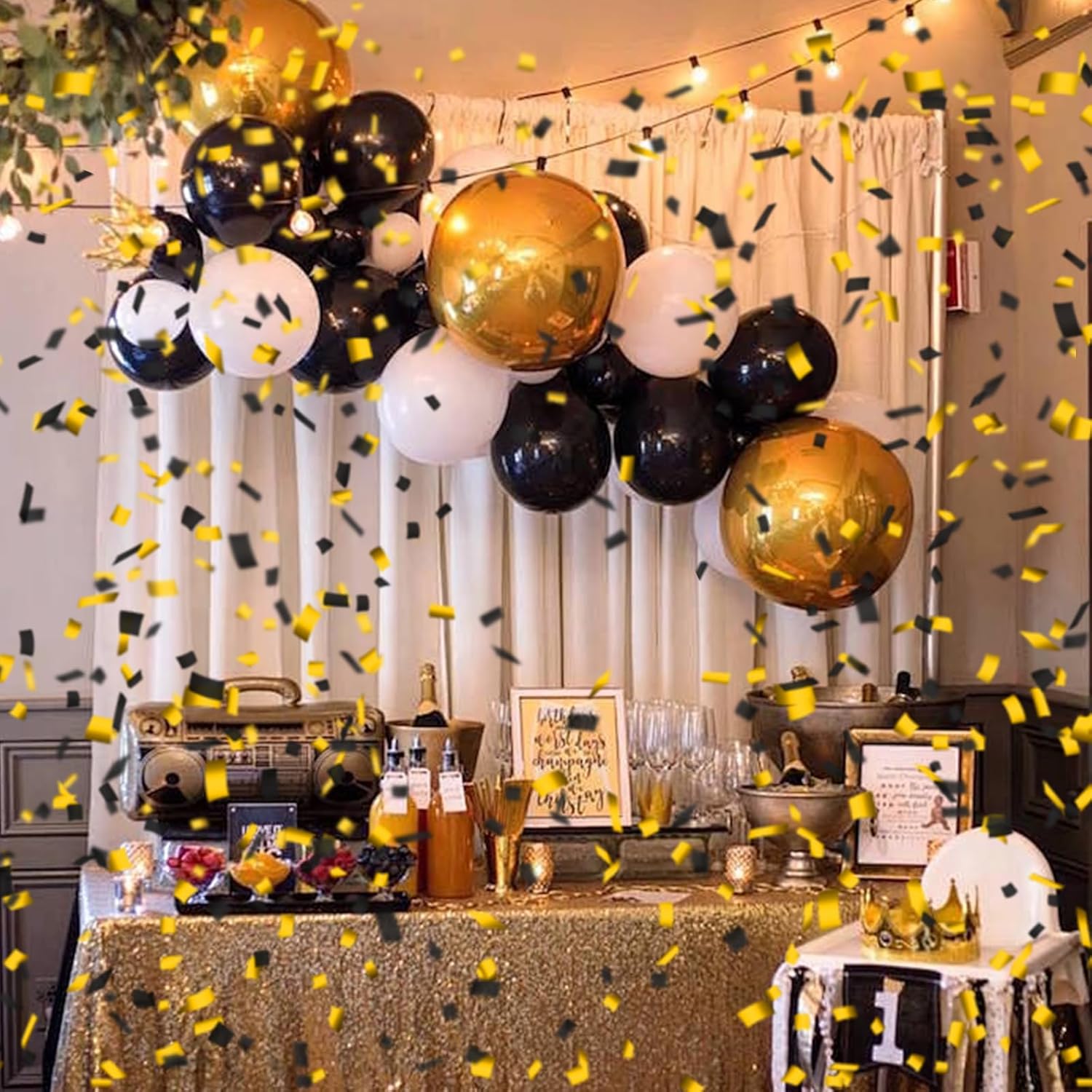 12" Black and Gold Confetti Cannon Party Poppers - 2 Pack | Birthday Graduation Wedding Retirement New Year Celebrations - Easy to Use