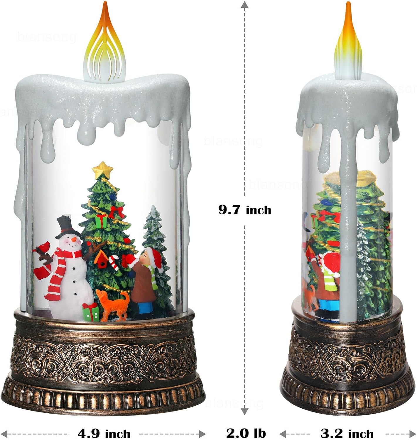 Christmas Snow Globe Candle Christmas Decorations Indoor Auto Snowfall Glitter Music Collection Snowman Child Tree with 6H Timer USB/Battery Powered 9.7 inch