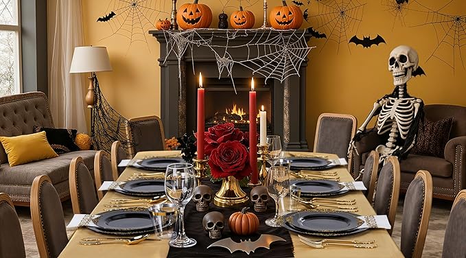 Nervure 350PCS Black Plastic Plates - Black Plastic Dinnerware Sets for 50 Guests - 100 Disposable Plates, 150 Gold Silverware, 50 Cups, 50 Napkins for Wedding & Party & Halloween