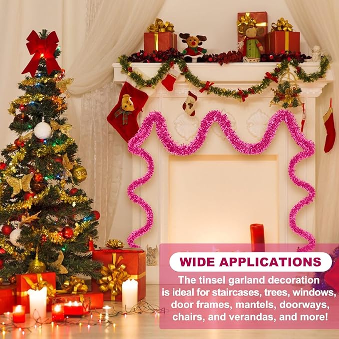 50 Feet Pink Christmas Tinsel Garland, Metallic Foil Twist Banner Wall Hanging Tinsel Streamers Backdrop for Parade Floats, Christmas, Mother's Day, Birthday Party Decorations(2in x 50ft)