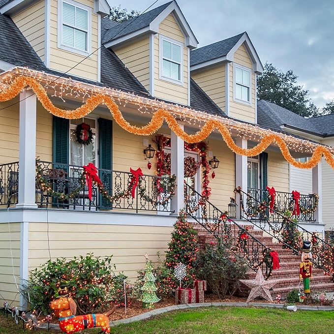 Macaron Metallic Twist Tinsel Garland - 25ft Wall Hanging Backdrop for Christmas, New Year & Valentine's Day Parties (Orange, 4in x 25ft)