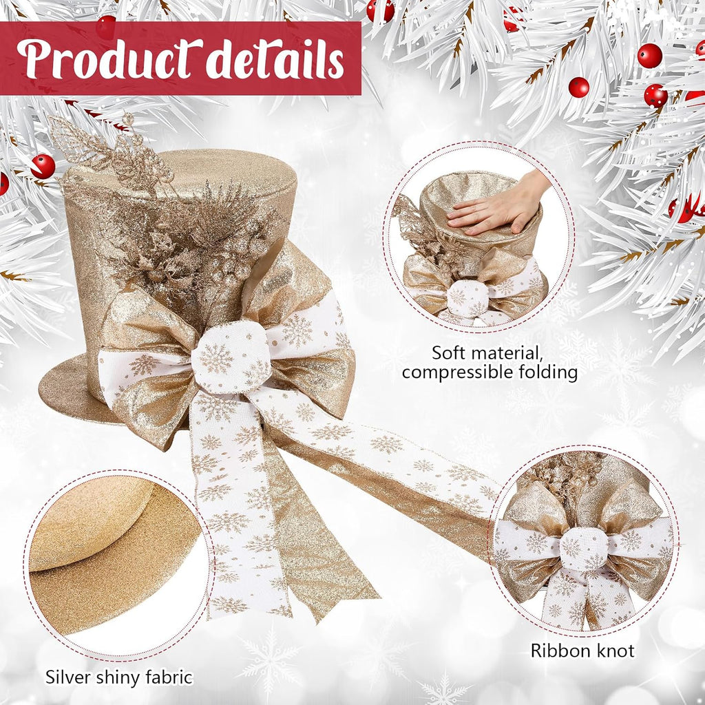 Poen Christmas Tree Topper Hat Shiny Sequins Top Hat with Bow Lengthened Ribbon Tree Topper Santa Christmas Decorations for Xmas Gift Ideas Holiday Winter Party Ornament Supplies(Gold)