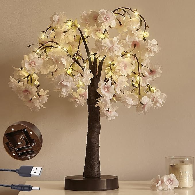 LITBLOOM Lighted Cherry Blossom Tree Pink 18IN 40 LED with Timer Artificial Tabletop Bonsai Tree Lights USB Plug or Battery Operated for Wedding Party Home Birthday Decoration