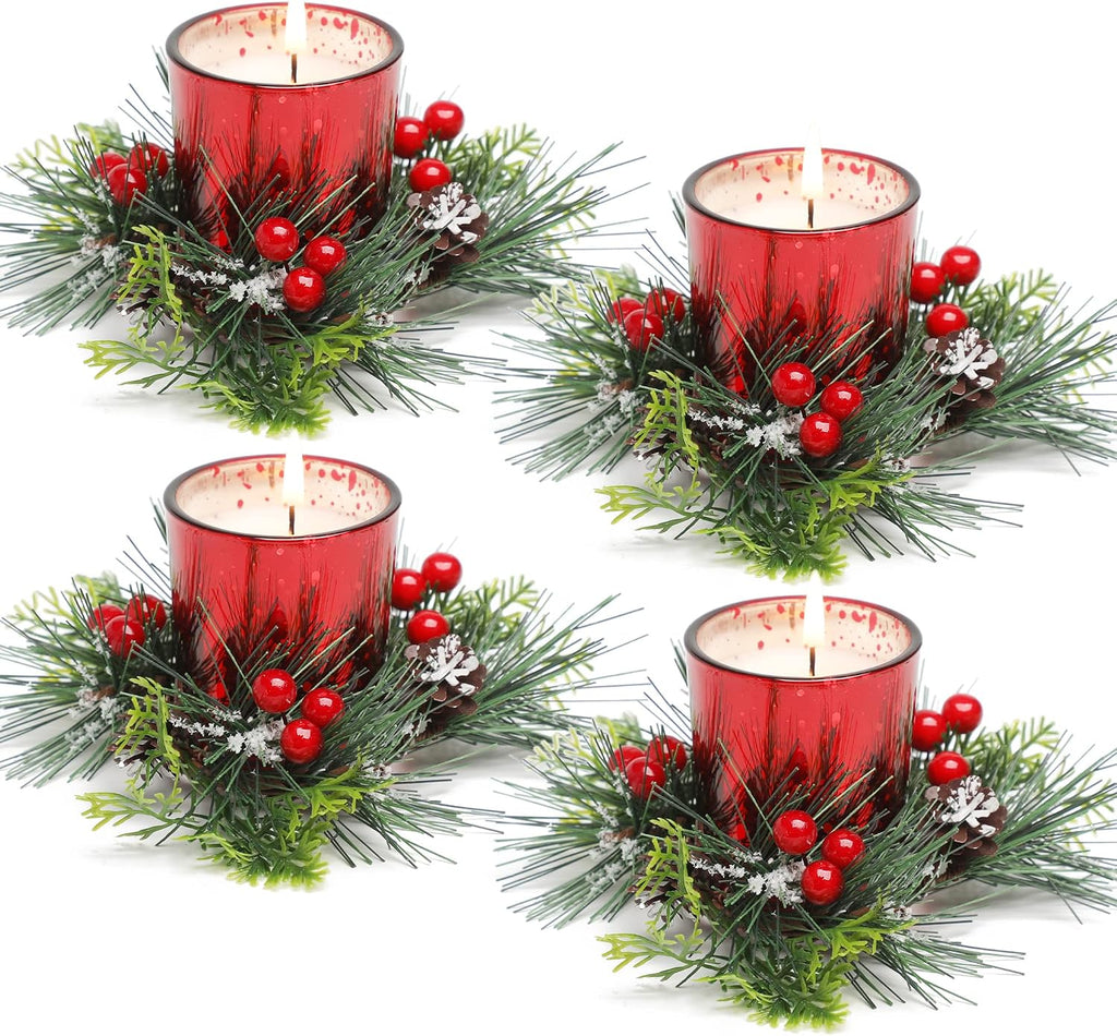 Christmas Candle Ring, 4 Pcs Votive Candle with Red Berry Pinecone, Xmas Ring Candle for Table Centerpiece Decoration Wedding Holiday,Red