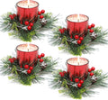 Christmas Candle Ring, 4 Pcs Votive Candle with Red Berry Pinecone, Xmas Ring Candle for Table Centerpiece Decoration Wedding Holiday,Red