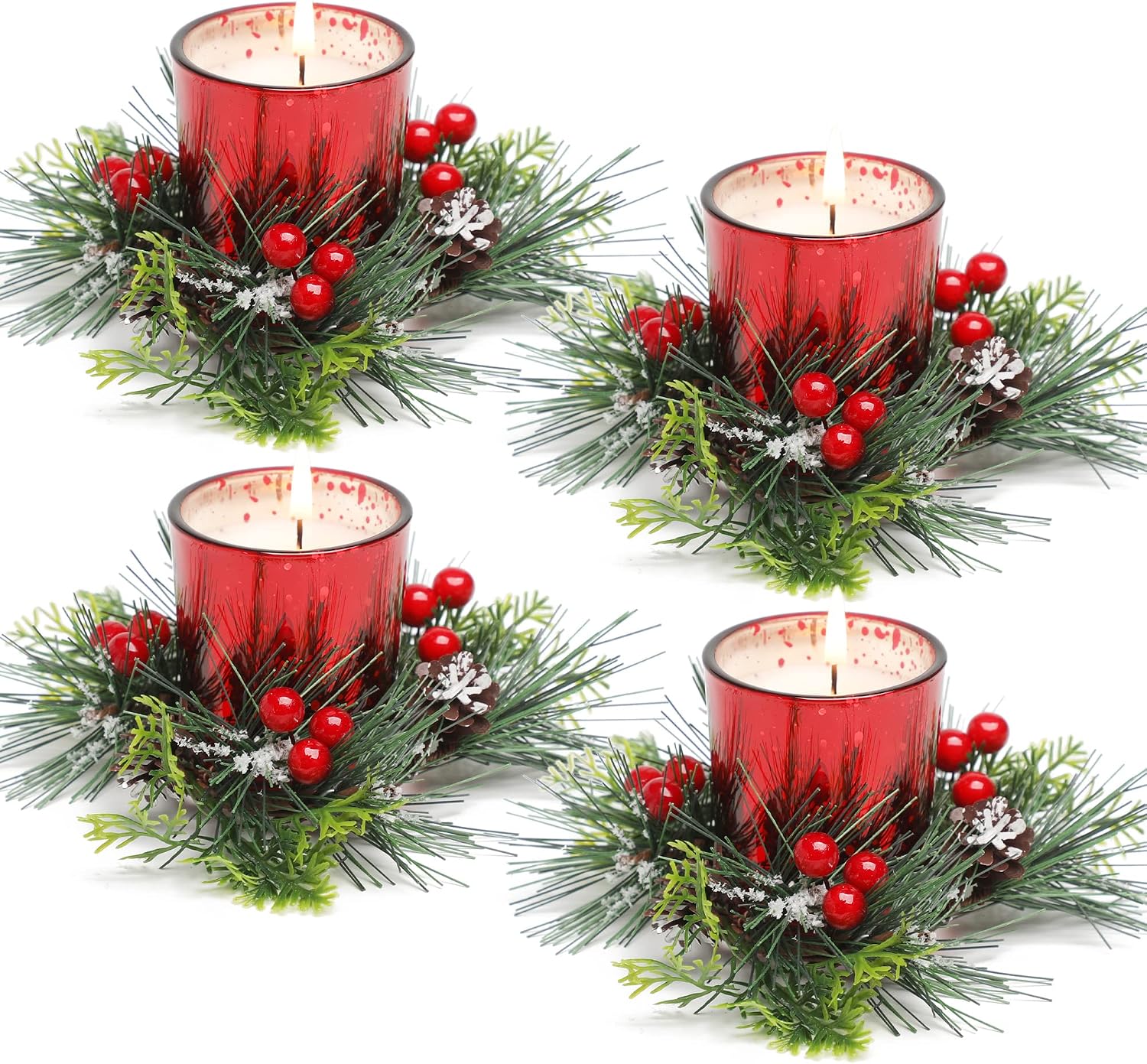Christmas Candle Ring, 4 Pcs Votive Candle with Red Berry Pinecone, Xmas Ring Candle for Table Centerpiece Decoration Wedding Holiday,Red