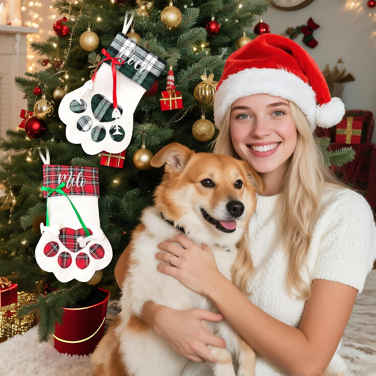 Personalized Christmas Stockings for Dogs and Cats, Custom Paw Shape Stocking Embroidered with Pet Name, Xmas Decorations Family Holiday Fireplace Hanging Stockings (17.3x8.6 in)