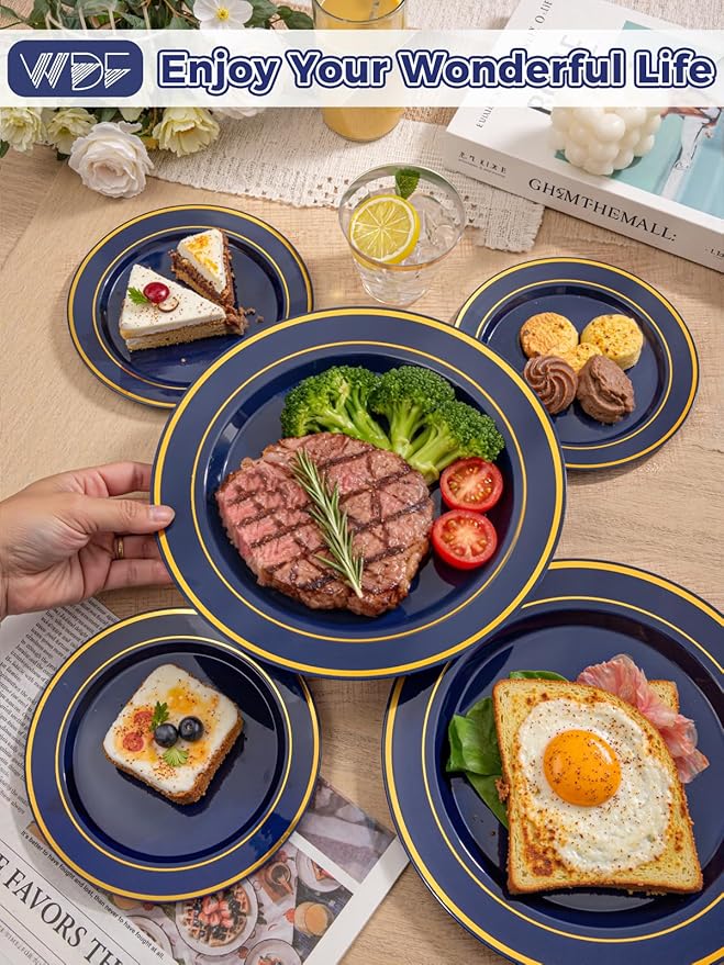 350PCS Blue and Gold Plastic Plates - Navy Blue Plastic Plates with Rolled Napkins - Include 25 Dinner Plate 10’’, 25 Dessert Plate 7’’, 25 gold Cups 9 OZ, 25 Pre Rolled Napkins for Party/Wedding