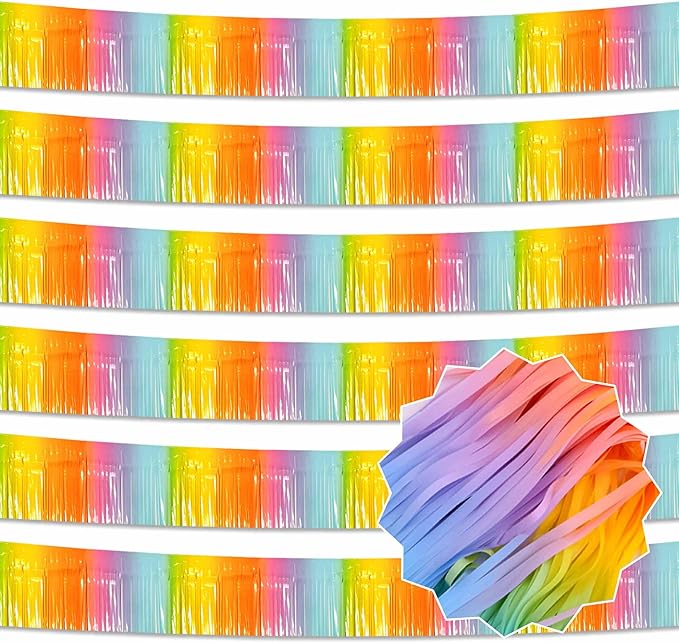 6 Pack 10 Ft Light Rainbow Foil Fringe Garland Metallic Streamers Tinsel Banner Wall Hanging Garland Backdrop for Parade Floats, Halloween, Christmas, Thanksgiving, New Year Party Decorations