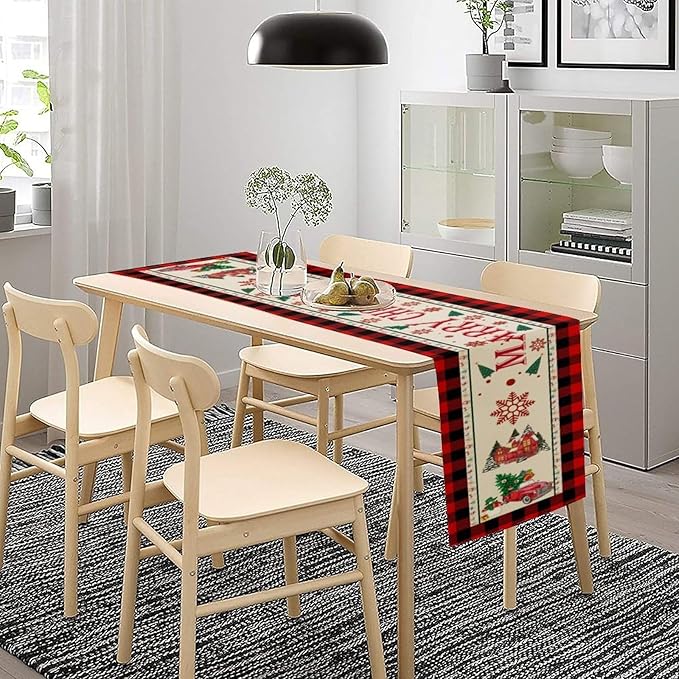 Merry Christmas Table Runner,Winter Xmas Holiday Table Cloth Kitchen Dining Table Decoration for Home Party Decor 13x108 Inch