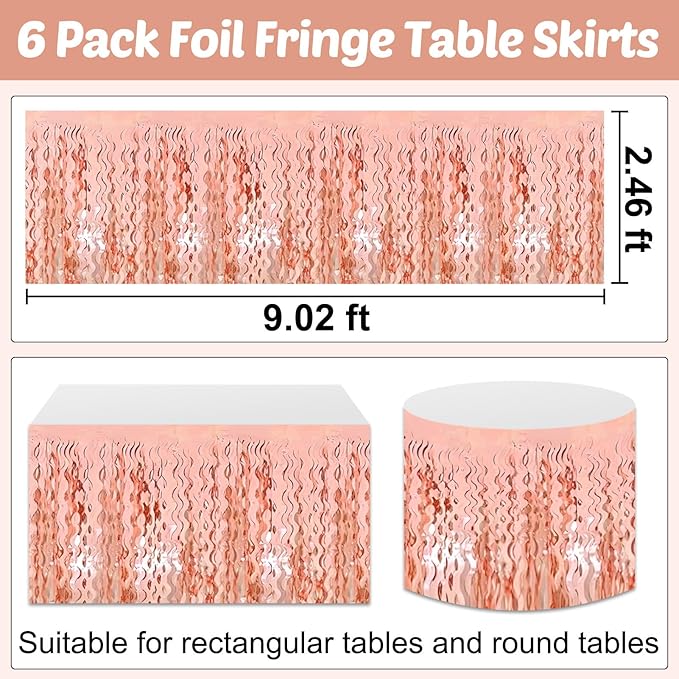 6 Pack 29x108 Inch Rose Gold Wave Foil Fringe Table Skirts Metallic Banner for Tinsel Streamer Garland Backdrop for Parade Floats Wedding, Mother's Day, Birthday Mardi Gras Party Decorations