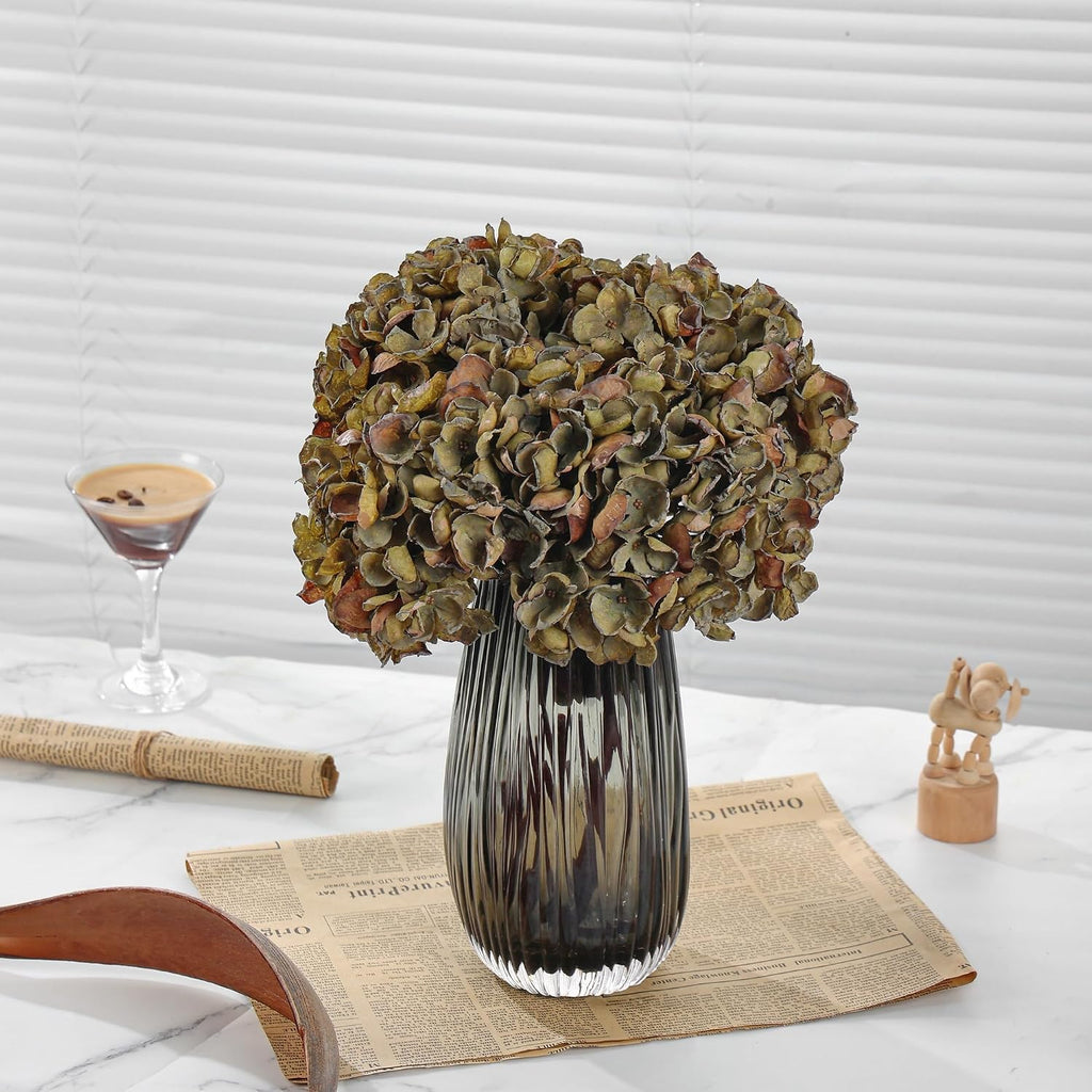 Fall Artificial Dried Hydrangea Flowers, Vintage Green Dried Look, Fall Faux Flowers, Single Stem (Autumn Green, 4pcs)