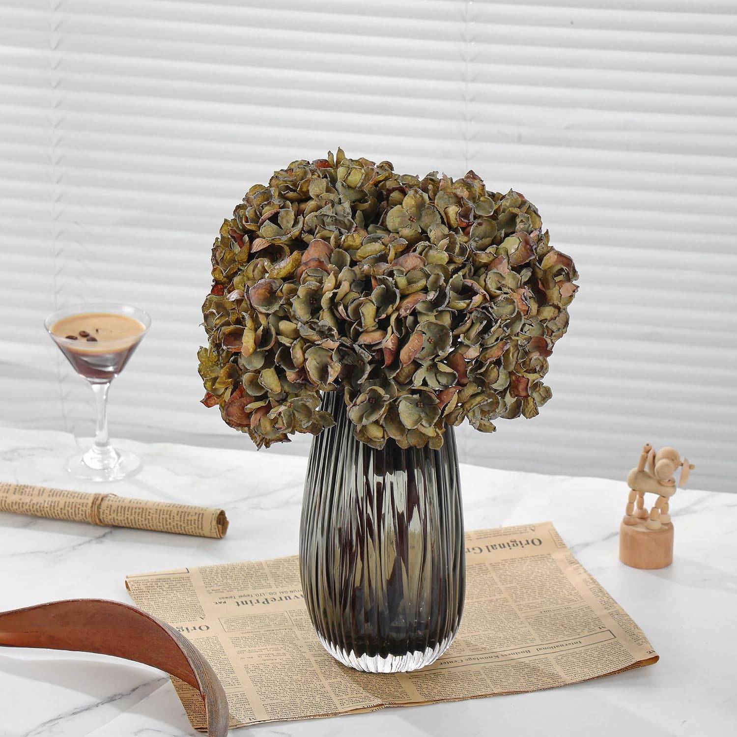 Fall Artificial Dried Hydrangea Flowers, Vintage Green Dried Look, Fall Faux Flowers, Single Stem (Autumn Green, 4pcs)