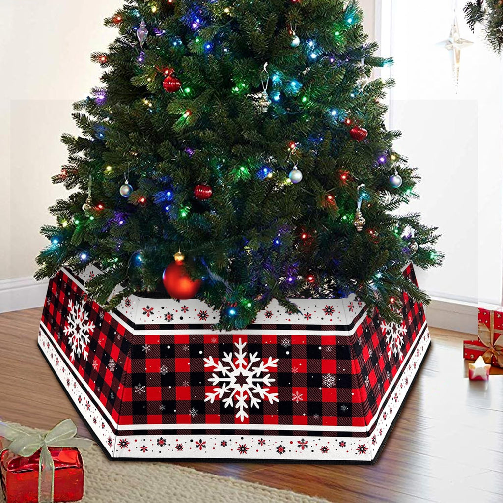 Christmas Tree Collar, Red Christmas Tree Collar, Buffalo Plaid Christmas Trees Skirt, Square Christmas Trees Ring, Foldable Hexagon Xmas Tree Skirt, Snowflake Decor for Holiday Party Home, 31 inch