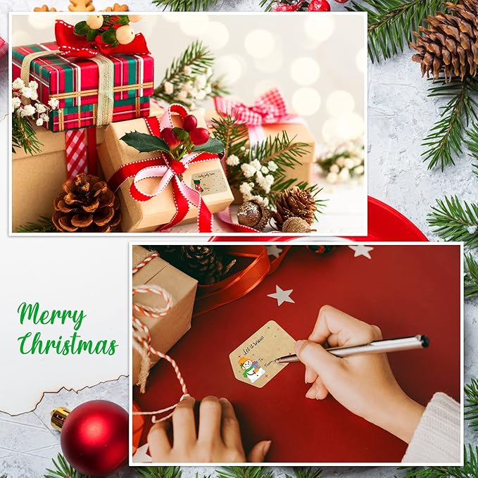 Zonon 720 Pieces Self Adhesive Christmas Gift Tag Xmas Kraft Name Tags Natural Kraft Xmas Stickers Paper Tags Labels for Christmas Decoration(Classic Style)