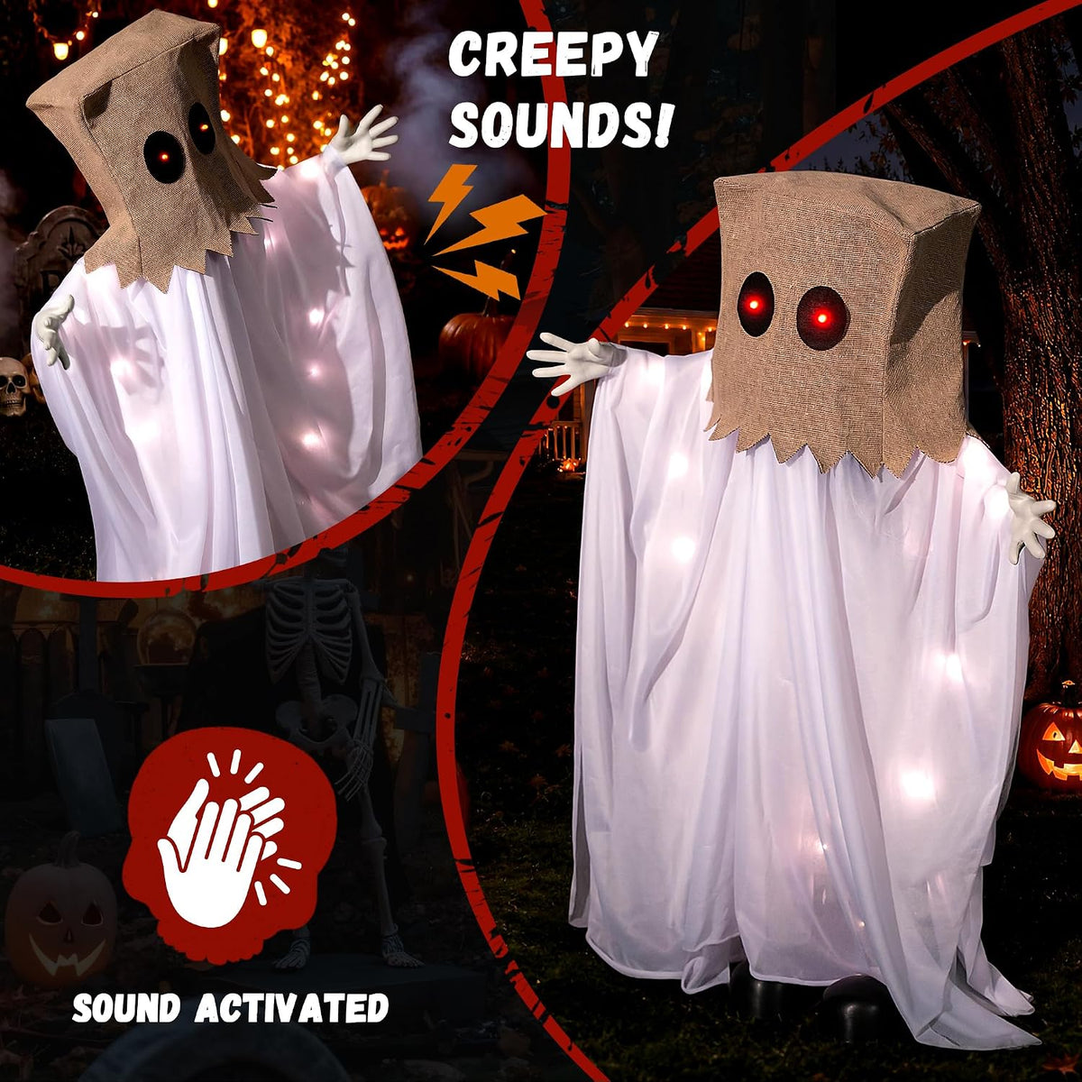 Halloween Animatronic Sack Ghost Decoration, 35" Sound Activated Scare G...