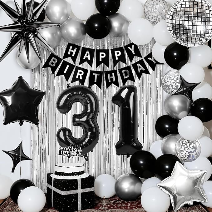 31st Birthday Decorations for Men Women, Black Silver Happy Birthday Party Decorations， 31 Year Old Party Supplies with Number 31 Balloons, Banner, Fringe Curtains Kit
