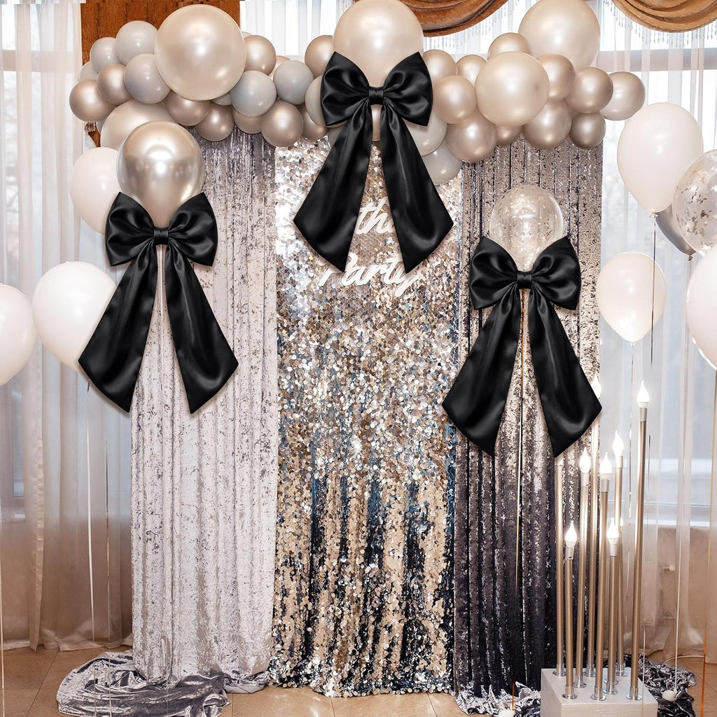 Suncalla 3 Pcs Large Black Bow Decor - 24 x 12 in Big Satin Bows Hanging Wall Decors for Crib Skirt Nursery Bedding Wedding Room Birthday Bridal Shower Christmas Fireplace Party Supplies