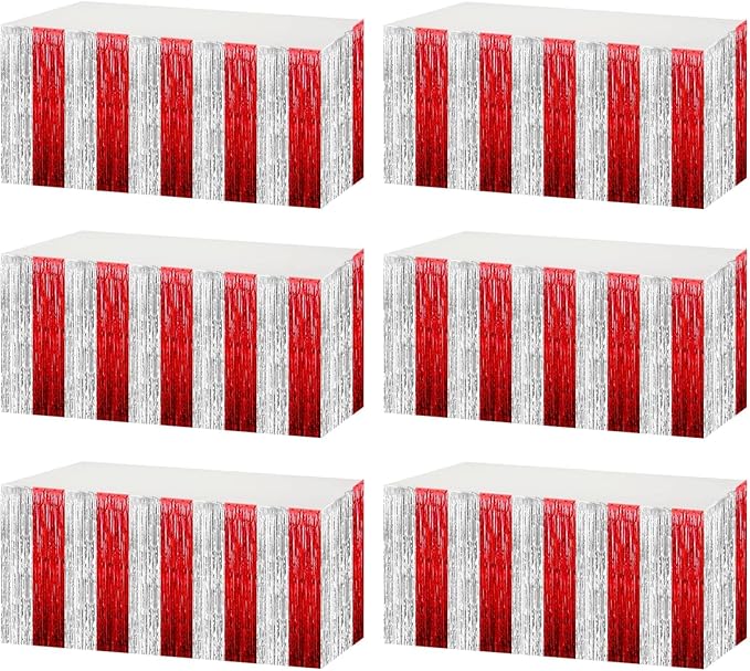 6 Pack 29x108 Inch Red Silver Metallic Foil Fringe Tinsel Table Skirts for Rectangle Tables Streamer for Wedding, Parade Floats, Circus Welcome Carnival Birthday Valentine's Day Party Decoration