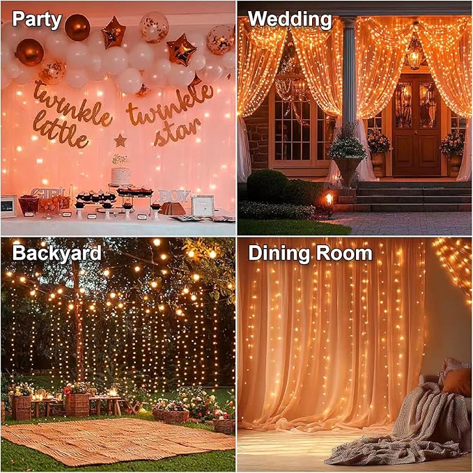HXWEIYE 300LED Fairy Curtain Lights, 9.8x9.8Ft USB Plug-in 8 Modes Christmas String Hanging Lights with Remote for Bedroom Backdrop Wedding Party Indoor Wall Decor, Orange