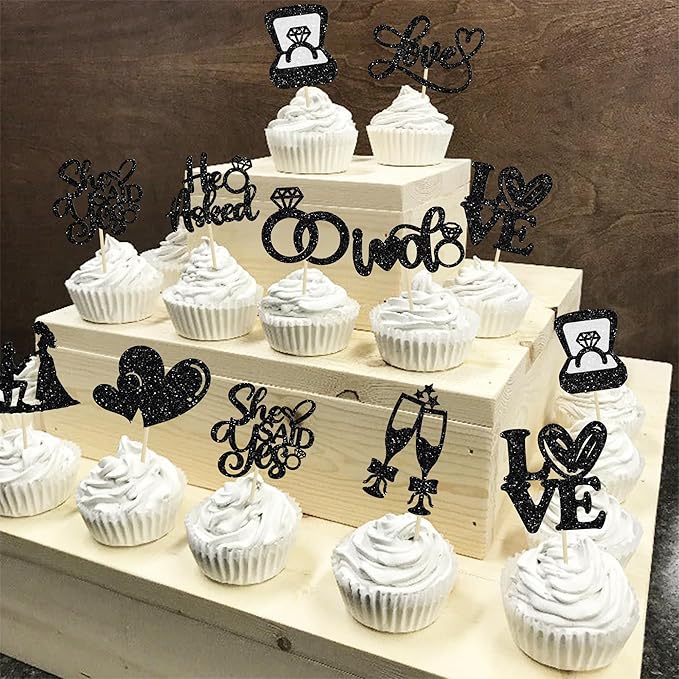 Ephlyn 30Pcs He Asked She Said Yes Cupcake Toppers Glitter Engagement Cupcake Toppers Diamond Ring Heart Love I Do Cupcake Picks for Engagement Wedding Party Cake Decorations Black