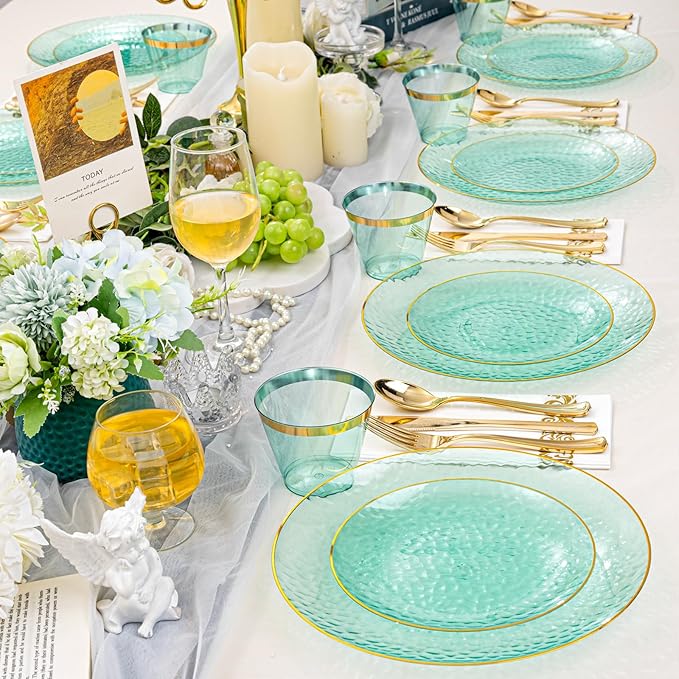Rubtlamp 175 Pcs Green Plastic Plates Dinnerware Set (25 Guests), Hammered Plates Sets, Green Plastic Party Plates Set include 50 Disposable Plates Set, 75 Gold Plastic Silverware, 25 Cups 25 Napkins