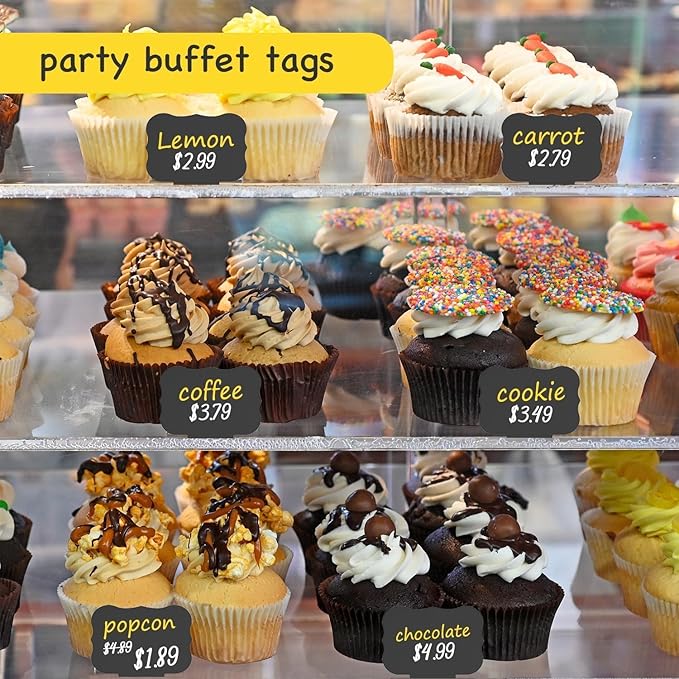 PigPotParty 12 Pcs Food Labels for Party Buffet w/Cleaning Spray, 4"x3" Mini Chalkboard Signs Include 2 Liquid Chalk Markers for Food Display - Food Tags- Table Palce Card (Waved Shape)