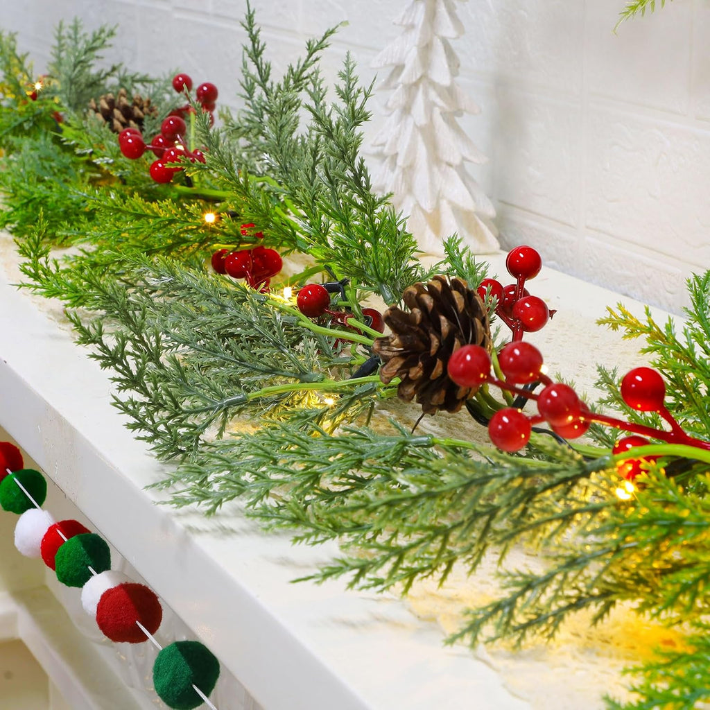 lulu home 9ft pre-lit christmas garland, 30 leds, front angle view