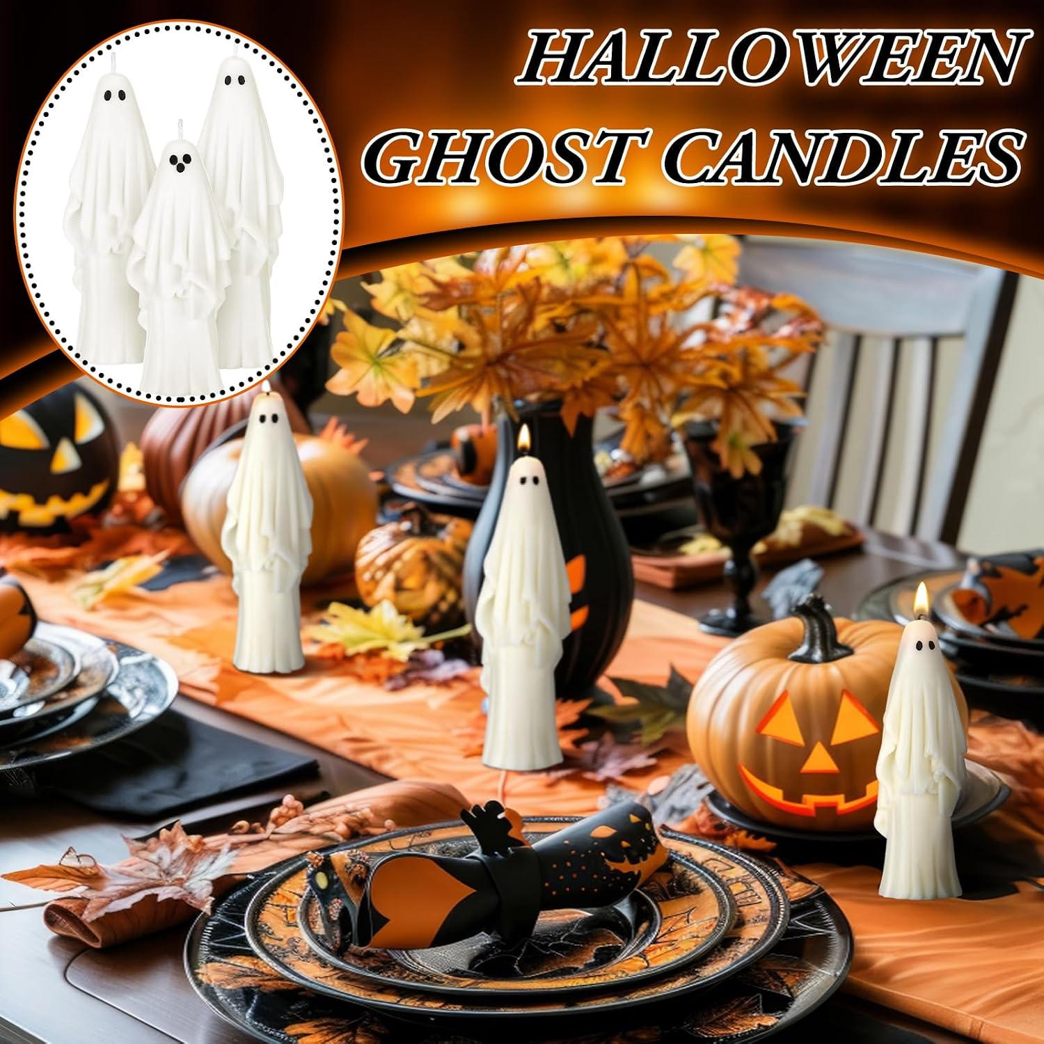 Nuanchu 3 Pcs Halloween Ghost Decor Ghost Candles Gothic Decoration Indoor Gift for Mantel Halloween Table Centerpiece Cute Goth Taper Candle Spooky Tabletop Novelty Party Favor Basket Stuffer