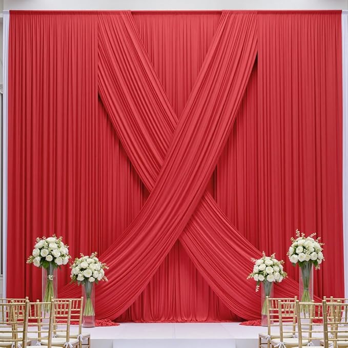 50×14ft Wrinkle Free Red Backdrop Curtain for Wedding Parties,10 Panels 5×14ft Height Soft Silky Polyester Backdrop Drapes Photo Back Ddrop Curtains for Events Photography Christmas Background Cloth