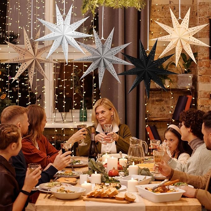 EASY JOY 5pcs 9-Pointed Paper Star Decoration Christmas Party Decorations Hanging Star Decoration Grey Brown Black 12 Inch 3D Paper Star Lantern for Christmas Home Party Wedding Birthday