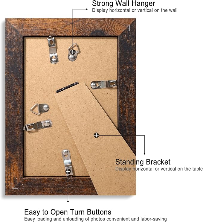 4x6 Picture Frame Set of 4, High Definition Glass 4 x 6 Frame, Wood Rustic Photo Frames for Horizontal or Vertical Display Tabletop and Wall Mounting