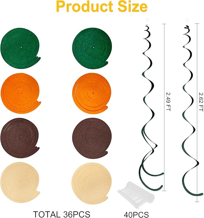 36 Pcs Green Brown Orange Beige Hanging Swirl Decorations Felt Swirl Streamer Spiral Ceiling Garland for Woodland Safari Jungle Wild One Birthday Neutral Baby Shower Party Decorations Supplies