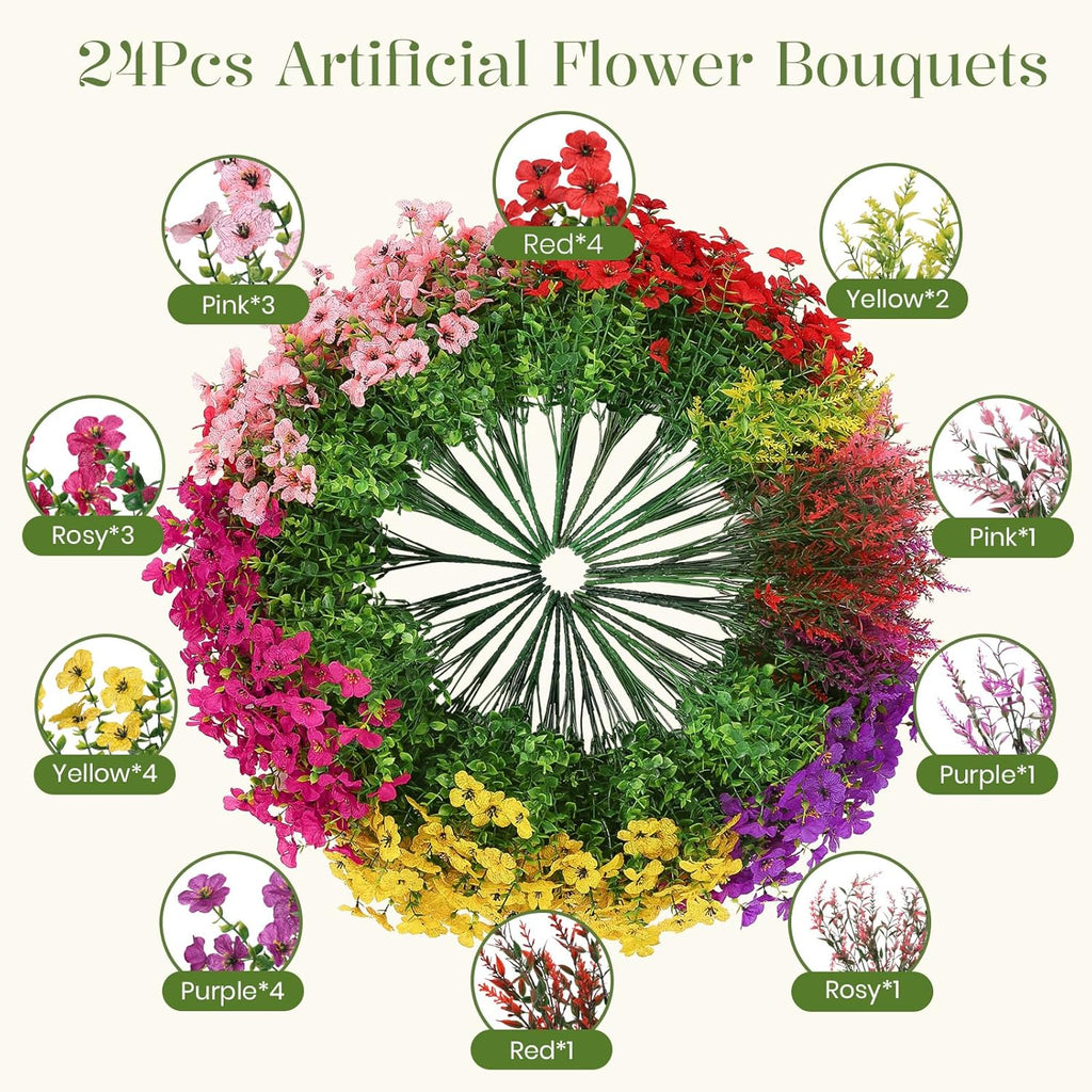 SHareconn 24 Bundles Artificial Flowers for Outdoors Decoration, Faux Plants Fake Silk Colorful Daisy Eucalyptus Lavender, UV Resistant for Outside Home Porch Patio Indoor Spring Decor, Mix 5 Colors
