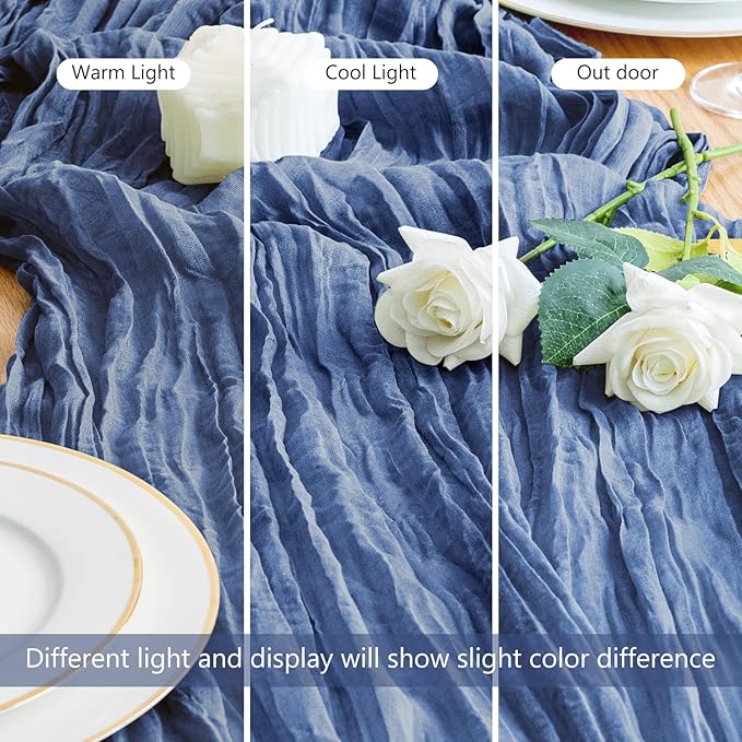 Asee'm Cheesecloth Table Runner 120 Inches Blue Boho Gauze Cheese Cloth Runner 10FT Rustic Sheer Dining Table Runners for Fall Thanksgiving Wedding Baby Shower Centerpiece Decoration