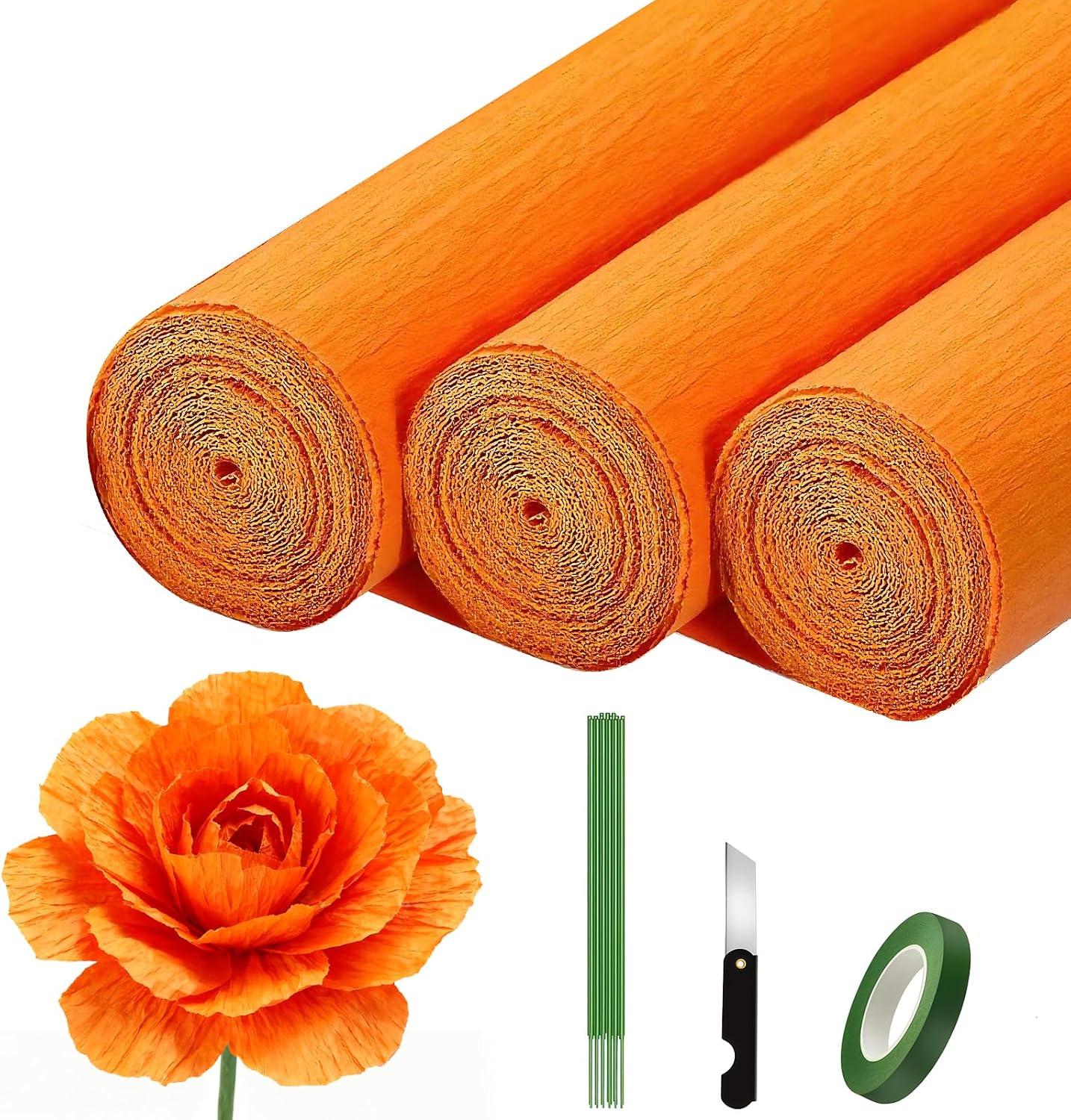 Crepe Paper Roll (9.8Inch x 8.2Ft/3Rolls), Heavy Papel Crepe Set Multi-Color, Crepe Paper for Birthday Wedding Party Decoration DIY Craft (Orange)