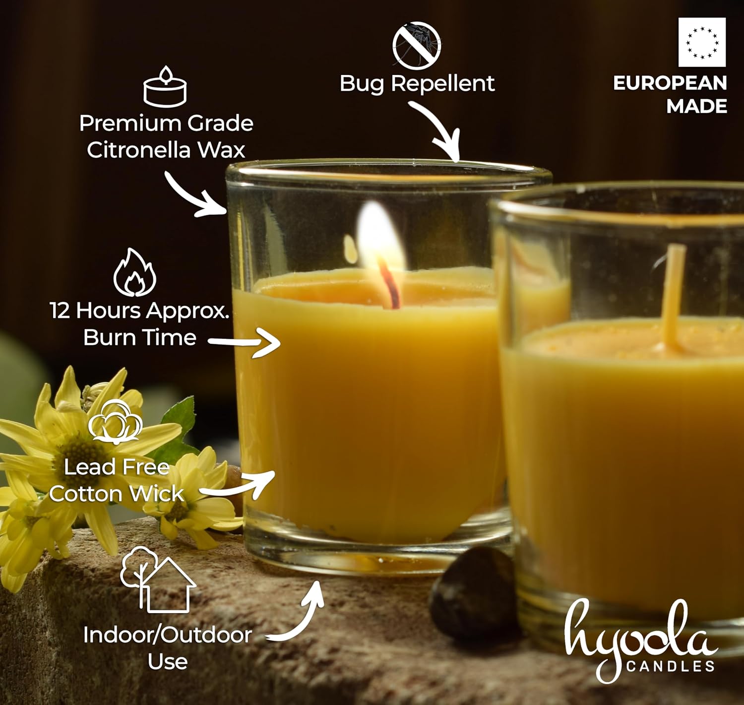 Hyoola Citronella Candle Votives in Glass Cup, Indoor and Outdoor Decorative and Mosquito, Insect and Bug Repellent Candle, Natural Fresh Scent, 12 Hour Burn Time, Made in Europe (Pack of 12)