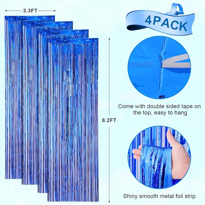 4 Pack Blue Foil Fringe Backdrop Curtains, Tinsel Streamers Birthday Party Decorations, Fringe Backdrop for Graduation, Baby Shower, Gender Reveal, Disco Party