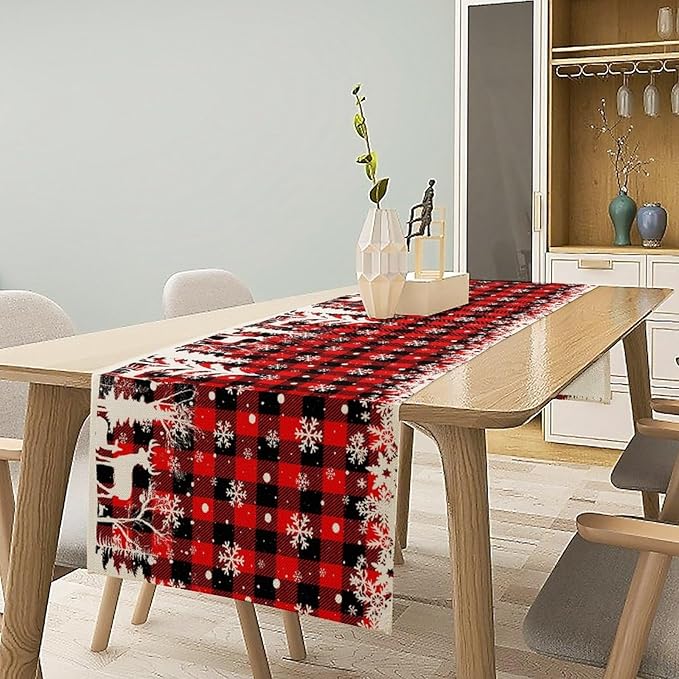 Christmas Table Runner,Red Black Plaid Xmas Snowflakes Deer Trees Print Tablecloth Burlap for Hotel Indoors Outdoor Dining Room Kitchen Home Decor,W13X L70 in