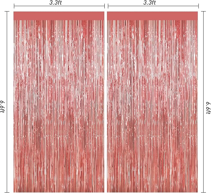Rose Gold Tinsel Backdrop Birthday Decorations, 2Pack Foil Curtains Metallic Photo Backdrop Foil Fringe Curtains, Party Streamers Supplies for Wedding Xmas Graduation Bachelorette Disco Door Decors