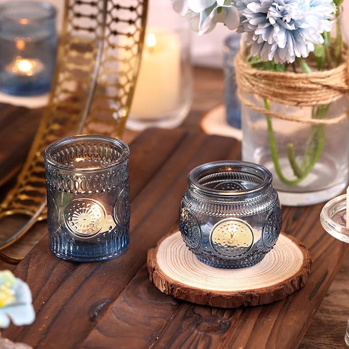 DARJEN 24 Pcs Blue Vintage Candle Holders - Bulk Glass Holders for Party & Wedding Decoration
