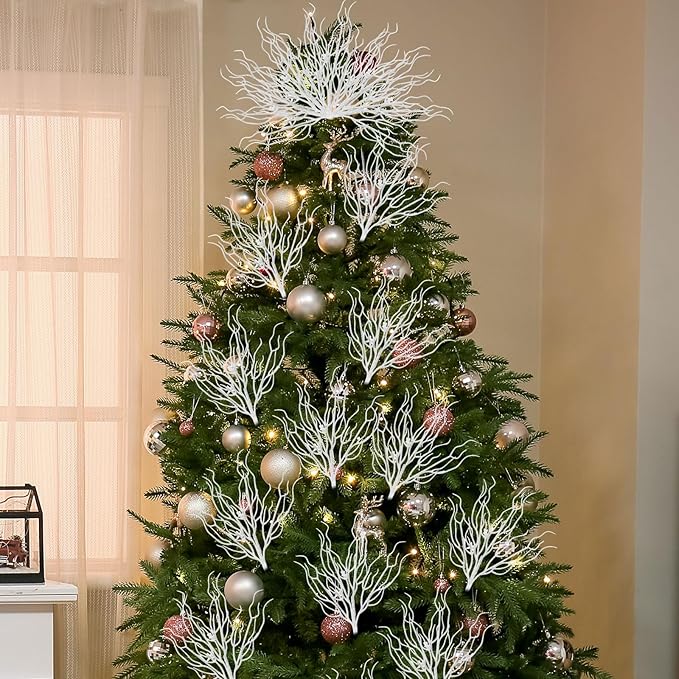 8 Pcs White Coastal Ornaments for Christmas Tree 15.7inch Glitter Coral Beach Ocean Spray Pick Branch Christmas Tree Topper Decorations Filler Twigs for Xmas Vase Wreaths Gift