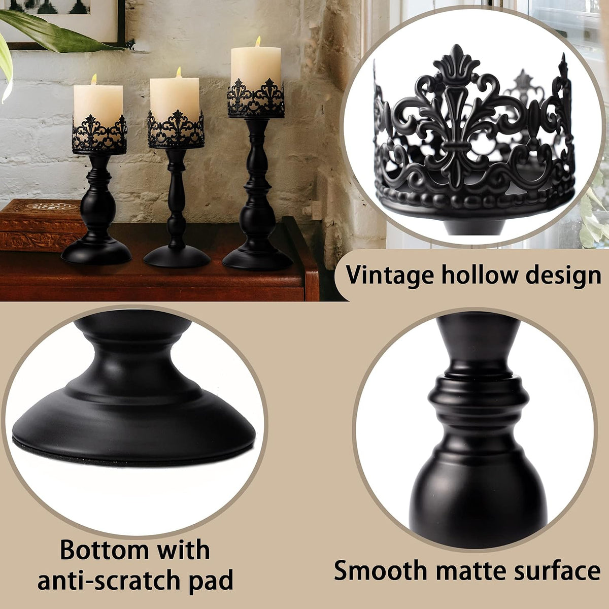 BANOMII Vintage Pillar Candle Holders for Table Centerpiece Set of 3-11'&...