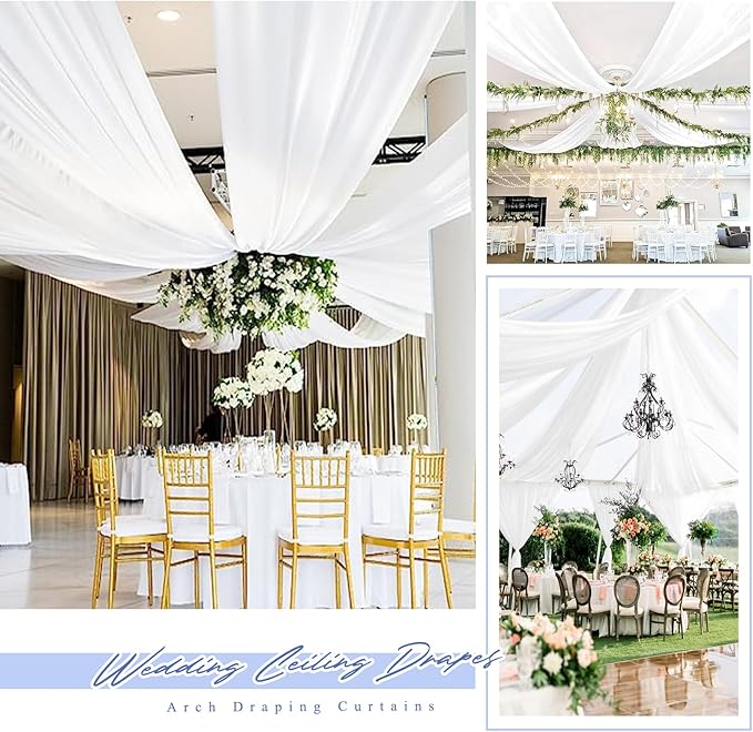 4 Panels White Ceiling Drapes for Wedding 5ftx40ft Chiffon Fabric Arch Draping Curtains Sheer Drapery for Party Ceremony Birthday Baby Shower Reception Stage Ceiling Decorations