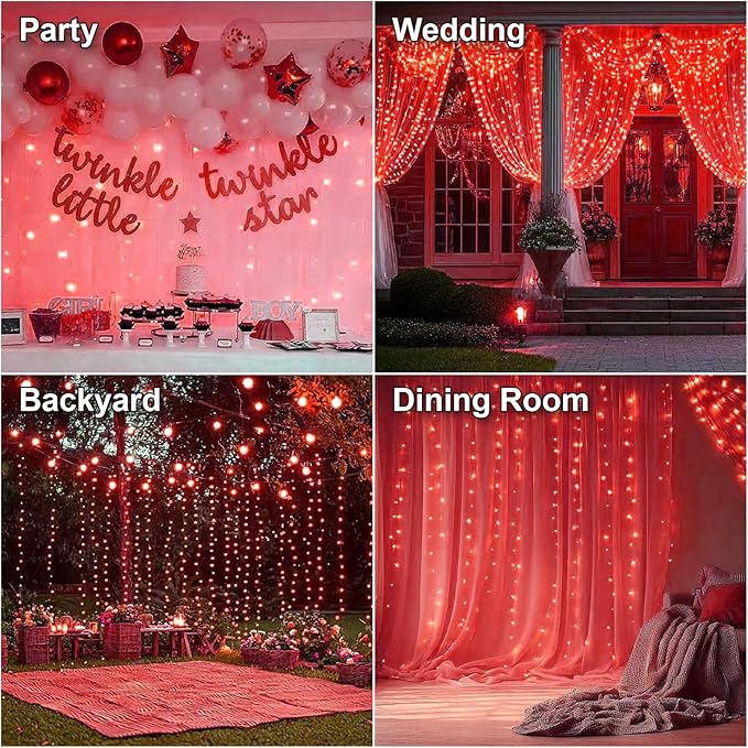 HXWEIYE 300LED Fairy Curtain Lights, 9.8x9.8Ft USB Plug-in 8 Modes Christmas String Hanging Lights with Remote for Bedroom Backdrop Wedding Party Indoor Wall Decor, Red